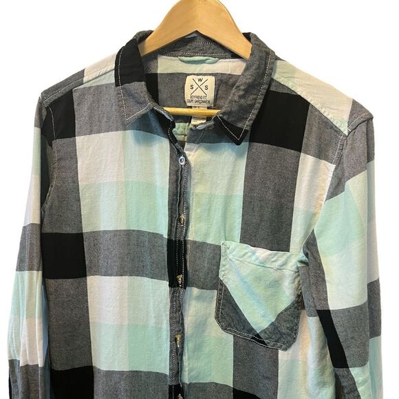 Mint Plaid Casual Cotton Button Up Long Sleeve Top S - Picture 3 of 9